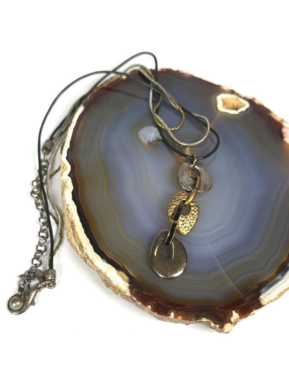 VTG Chicos Brutalist Metal Adjustable 3 Cord Necklace Gold Silver Boho Pendant - Picture 12 of 13